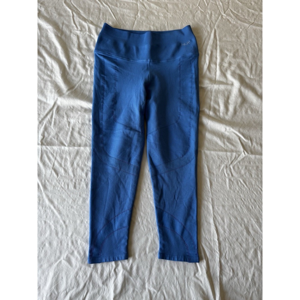 NUX Active Ribbed Leggings Blue Size Medium 20" Inseam Workout Pants Gym EUC